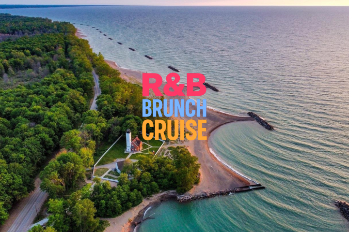 Coastal landscape with lighthouse, trees, and 'R&B Brunch Cruise' text.