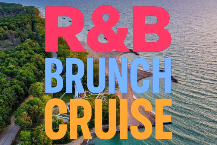 Aerial view of a beach and forest, with text 'R&B Brunch Cruise' overlaid.