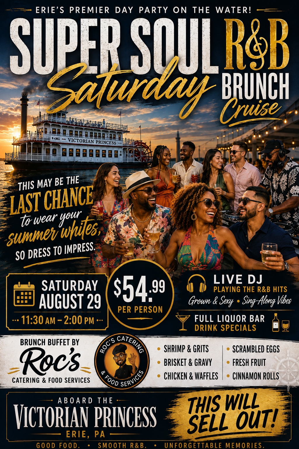 Poster for 'Super Soul Saturday Brunch Cruise' with people dancing and food details.