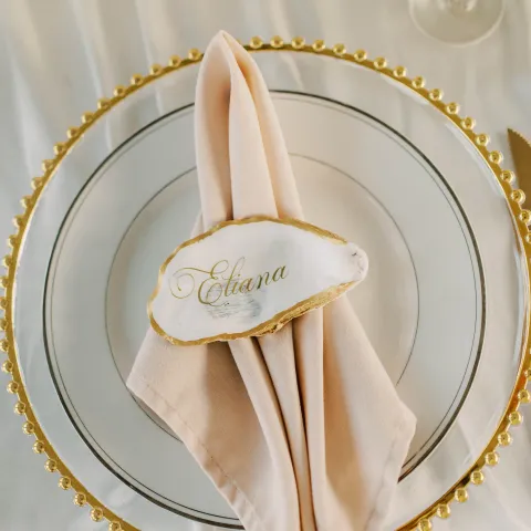 Elegant table setting with a folded napkin and a place card reading 'Eliana' on a gold-trimmed plate.