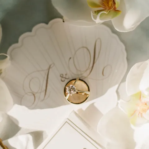 Gold ring with diamond on white shell among white flowers.
