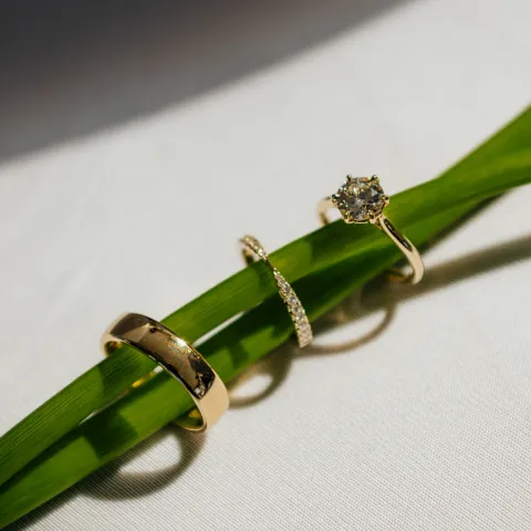 Three gold rings on a green leaf over a white surface.